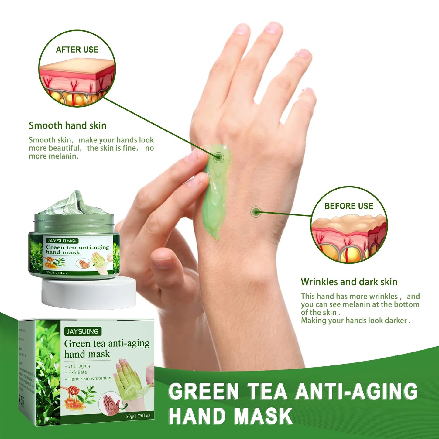 Green Tea Hand Mask Anti-Wri-nkle Moisturizing Wh-itening Repair Exfoliating Callus Film Nourish Hand Skin Care Cream 50g