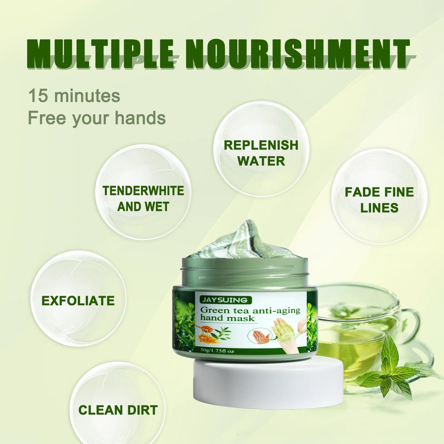 Green Tea Hand Mask Anti-Wri-nkle Moisturizing Wh-itening Repair Exfoliating Callus Film Nourish Hand Skin Care Cream 50g