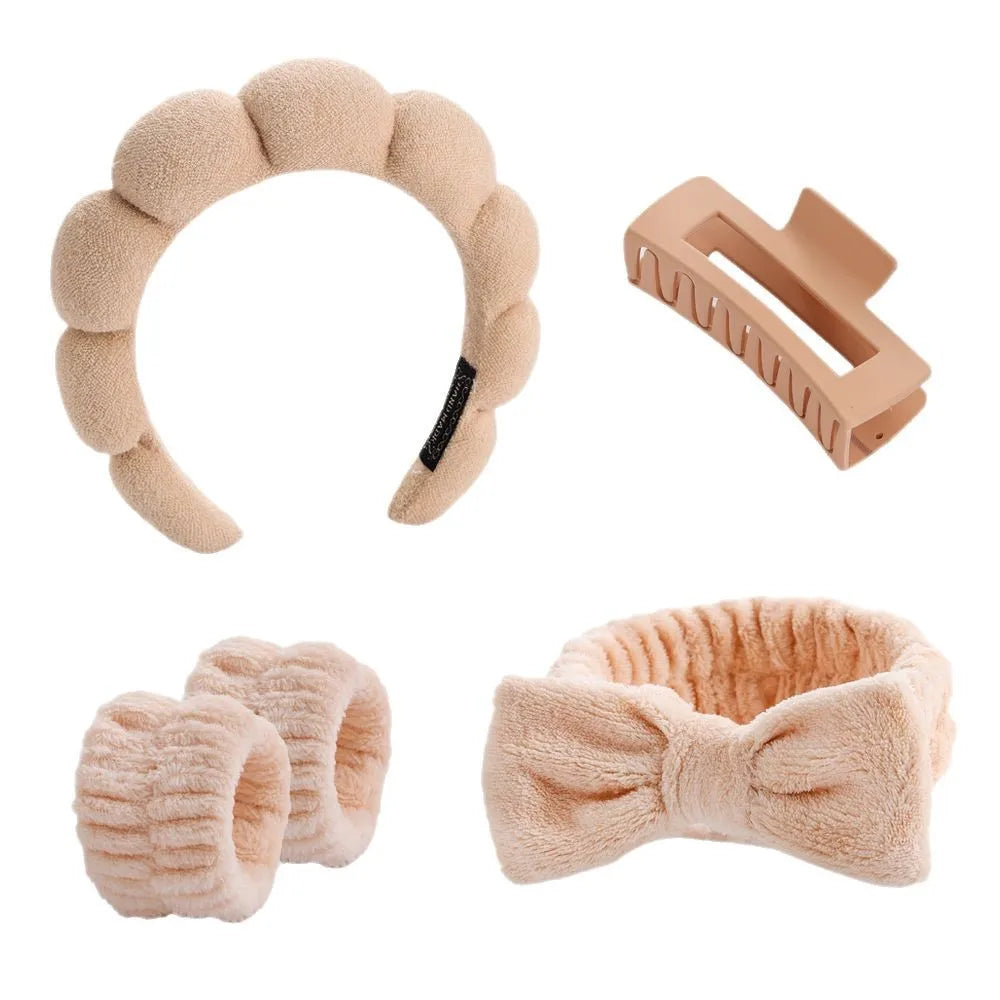 Best Selling Soft Coral Fleece 5-in-1 Skincare Tool Set Non-slip Headband Water-absorbent Wrist Cuffs & Claw Clip for Face Wash
