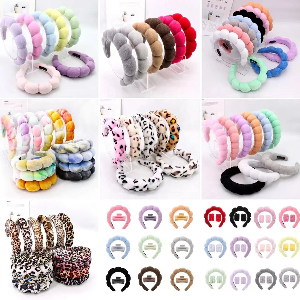 Wholesale Good Quality Multi Colors Spa Headband Wristband Sponge Makeup Skincare Headband Bubble Soft Washing Face Headband