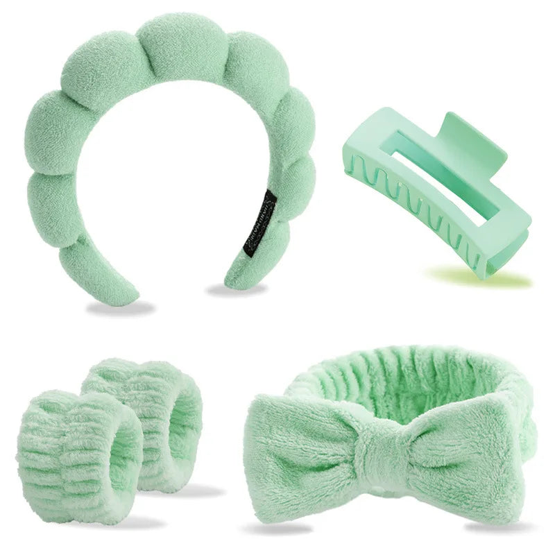 Best Selling Soft Coral Fleece 5-in-1 Skincare Tool Set Non-slip Headband Water-absorbent Wrist Cuffs & Claw Clip for Face Wash