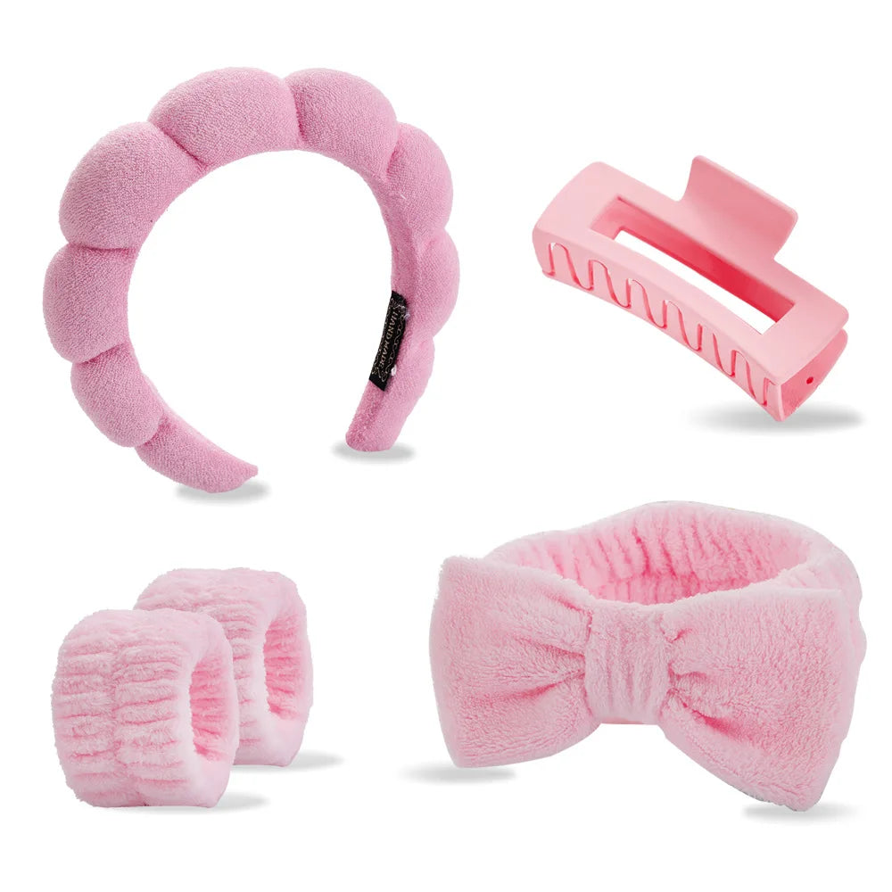 Best Selling Soft Coral Fleece 5-in-1 Skincare Tool Set Non-slip Headband Water-absorbent Wrist Cuffs & Claw Clip for Face Wash