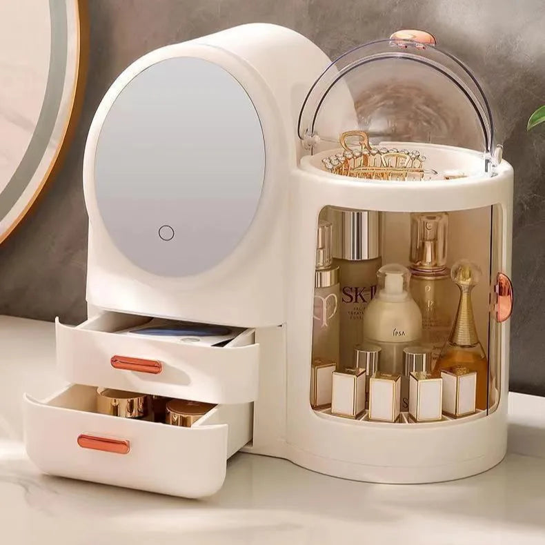 Bathroom Vanity Big Cosmetics Storage Box Skincare Display Case Large Capacity Makeup Organizer with Led Mirror