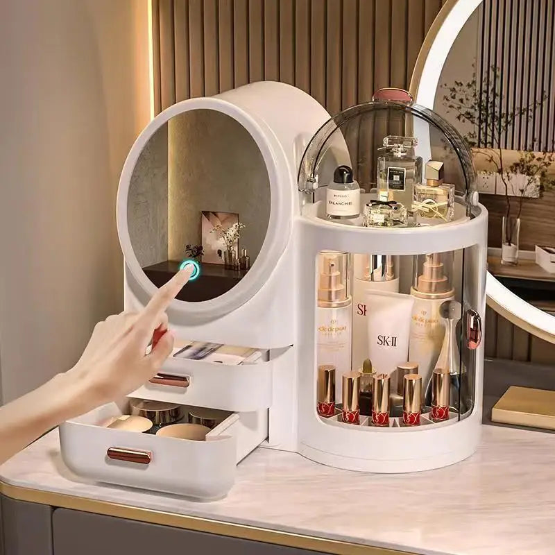 Bathroom Vanity Big Cosmetics Storage Box Skincare Display Case Large Capacity Makeup Organizer with Led Mirror