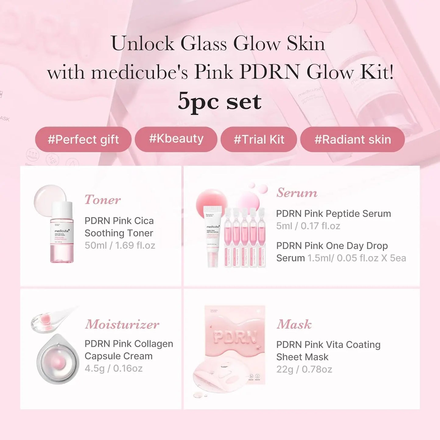 medicube Salmon DNA PD&RN Trial Kit Glass Glow Mini Skincare Set with Toner Serum Korean Skincare