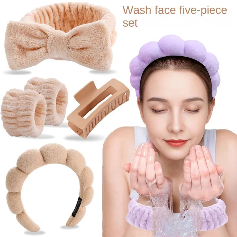 Best Selling Soft Coral Fleece 5-in-1 Skincare Tool Set Non-slip Headband Water-absorbent Wrist Cuffs & Claw Clip for Face Wash