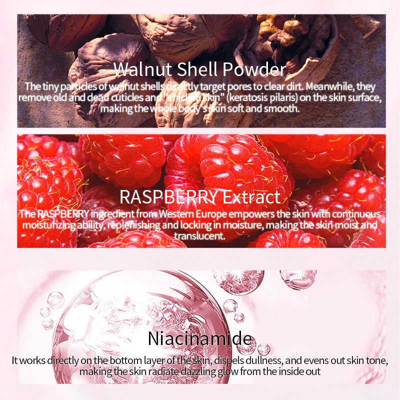 Organic Fruit Extract Smoothing Exfoliating Brighten Cleaning Raspberry Bath Salt Scrub Body Skincare