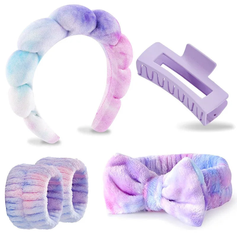 Best Selling Soft Coral Fleece 5-in-1 Skincare Tool Set Non-slip Headband Water-absorbent Wrist Cuffs & Claw Clip for Face Wash