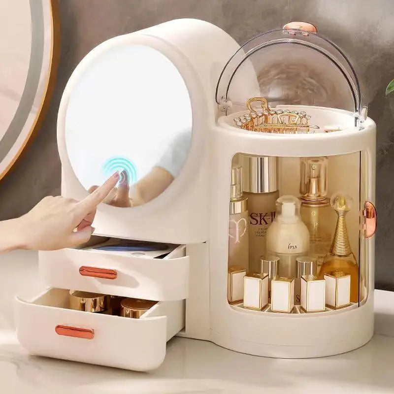 Bathroom Vanity Big Cosmetics Storage Box Skincare Display Case Large Capacity Makeup Organizer with Led Mirror