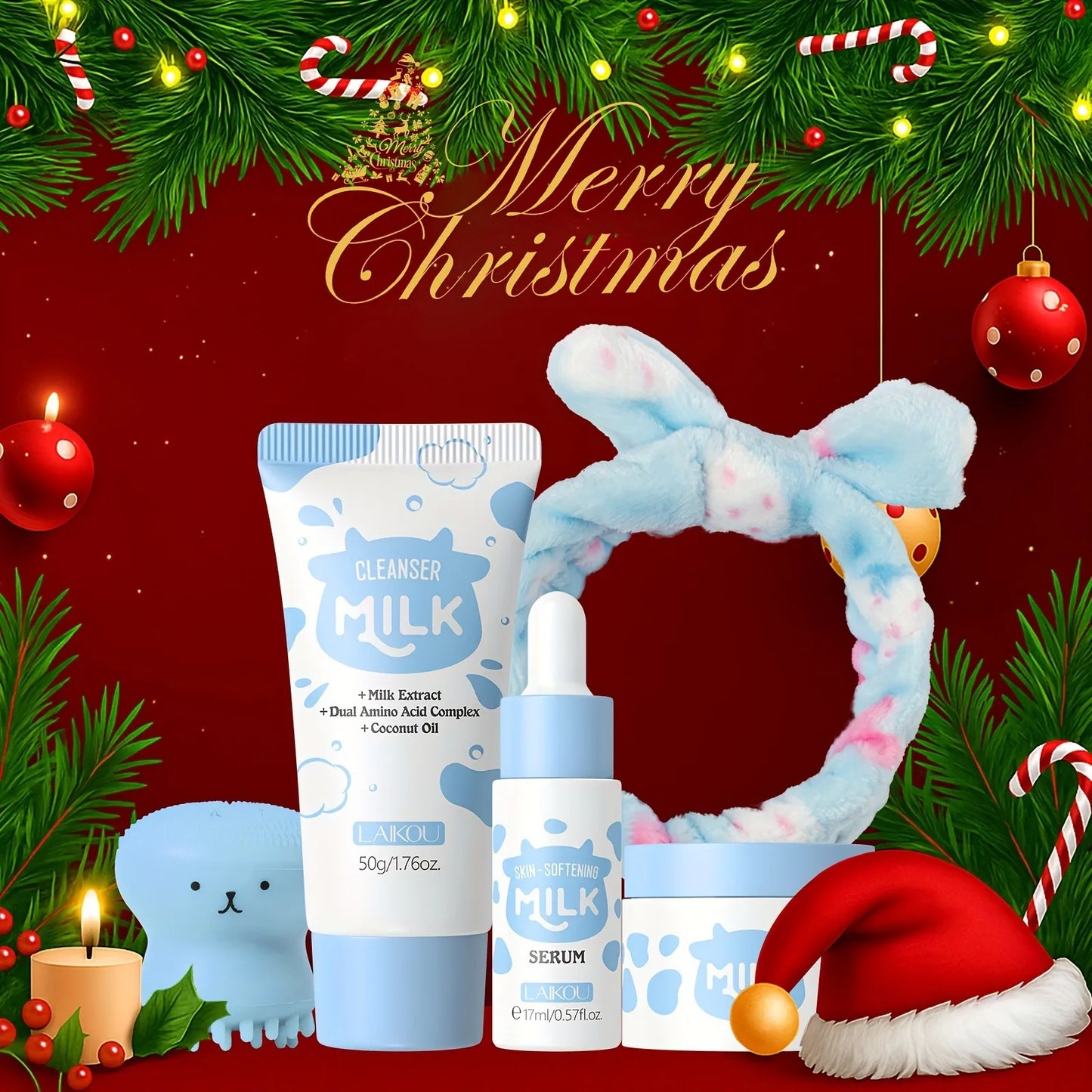 LAIKOU Milk Skincare Set Softening Serum Moisturizing Cream Gentle Cleanser Brightening Hydration Travel Kit For Valentine‘s Day